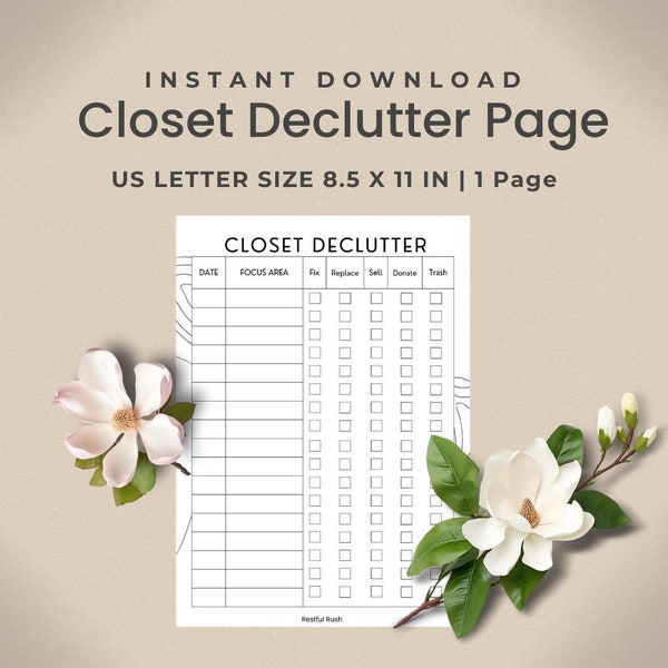 Closet Declutter Page, Date/Focus Area/Fix/Replace/Sell/Donate/Trash Tracker, Minimal Line Drawing Printable Pdf, Instant Download, RR004