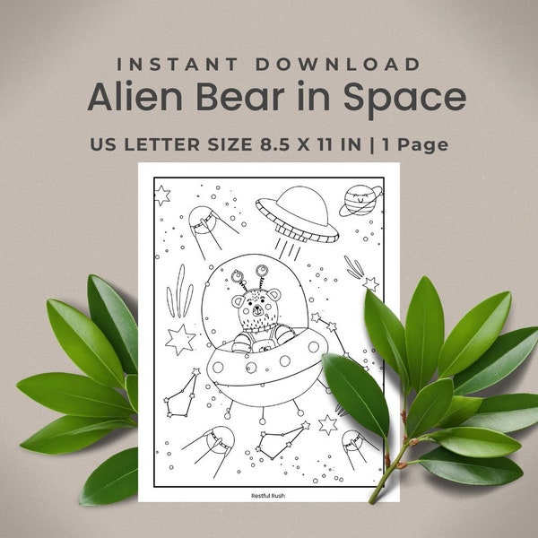 Special Single Coloring Page One 1, Alien Bear in Space, Printable Pdf Sheet, Kid/Adult Activity/Fun Paper, Instant Download, US Size, RR303