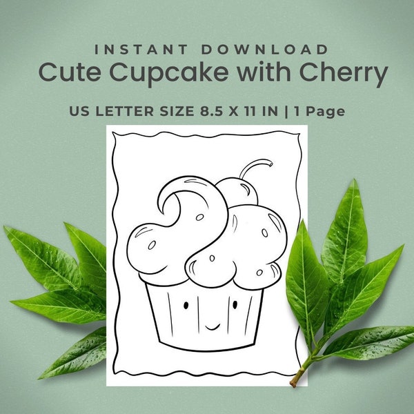 Special Single Coloring Page One 1, Cute Cupcake Cherry, Printable Pdf Sheet, Kid/Adult Activity/Fun Paper, Instant Download, US Size, RR302