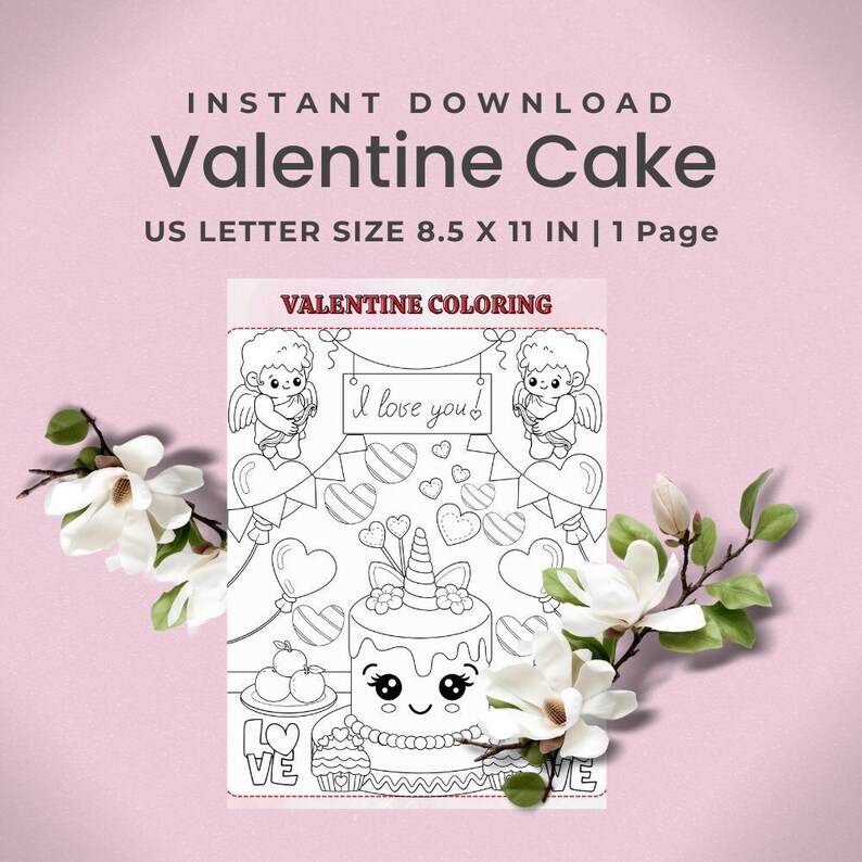 Valentines Cake Coloring Page Printable Pdf, Cupids Hearts Balloons ...