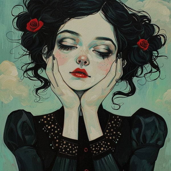 Rose Noir Reverie - Original Pop Surrealism Style Portrait Wall Art