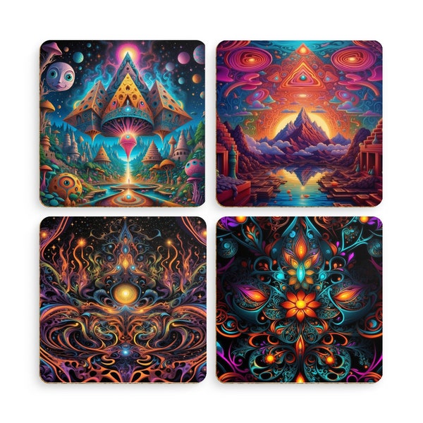 Vibrant DMT Visionary Art | Pack of 4 Coasters | Trippy Psychedelic Otherworldly Landscapes