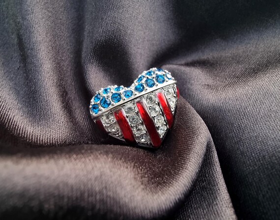 Red White and Blue Flag Heart Pin with Crystals Red White and Blue Flag Heart Pin with Crystals