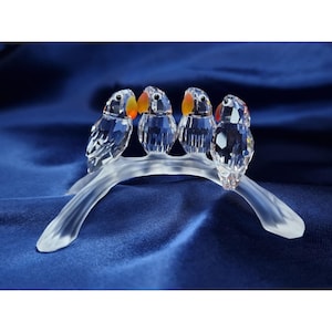 Vintage Swarovski Crystal Lovebirds Figurine On Frosted Glass Branch
