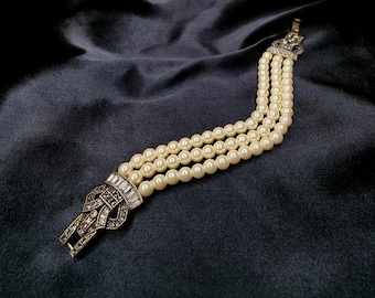 Heidi Daus Faux Pearl Bracelet With Rhinestone Clasp - Triple Strands Elegant Design Vintage-Inspired Jewelry