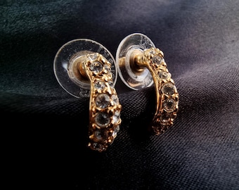 Vintage SWAROVSKI Signed Gold Tone Crystal Tiny Half Hoop Earrings