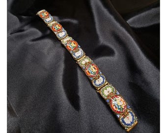 Vintage 1930s-1940s Italian Micro Mosaic Bracelet Floral Tile Link Bracelet | Signed Italy
