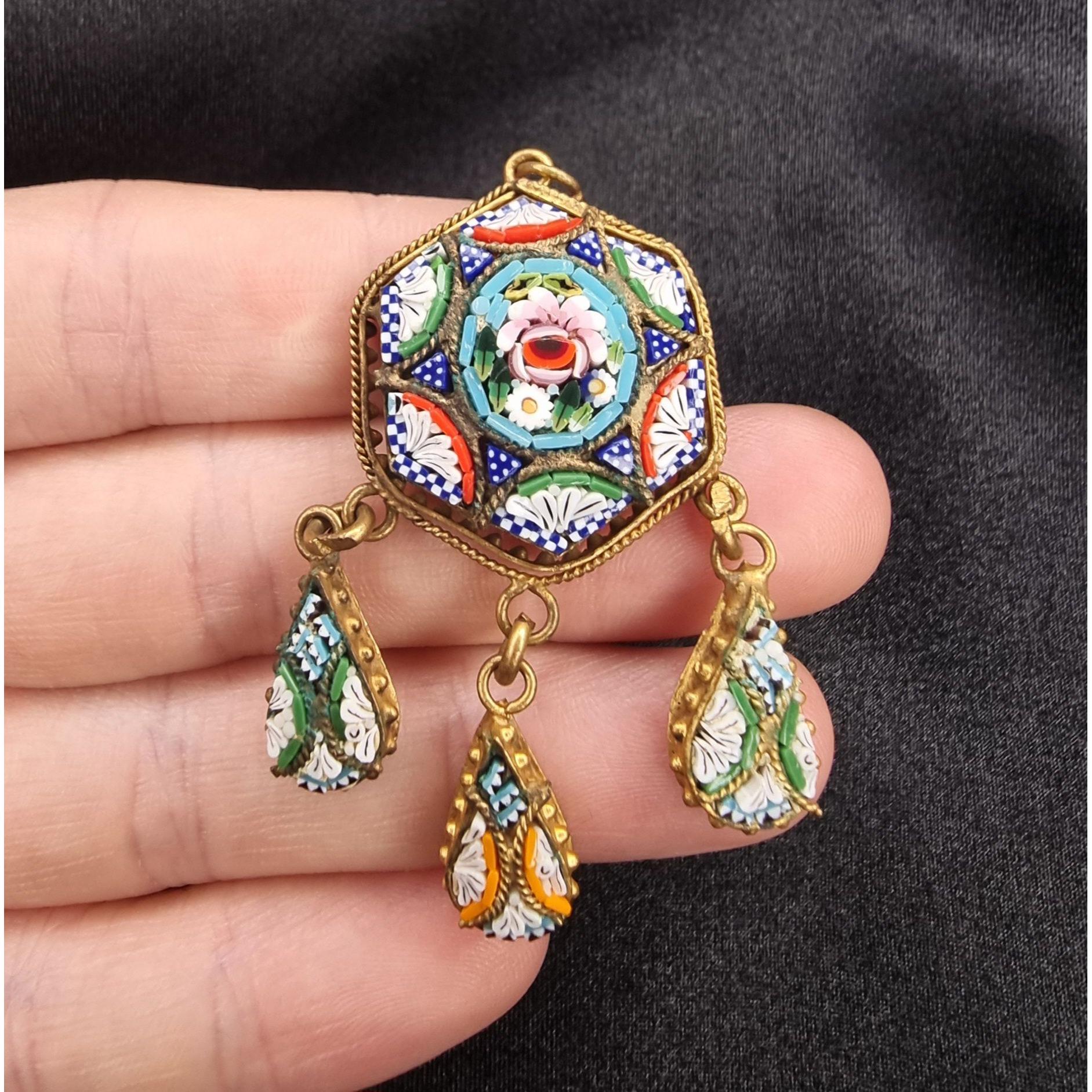 Pendentif Ancien En Mosaïque Antique - Forme Ovale - Métal Inconnu - Occasion