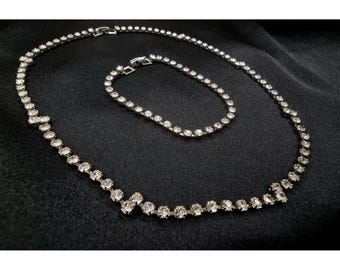 Rare Find Vintage Rhinestone Necklace & Bracelet Set With Silver-Tone Metal Links