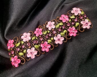 Rare Find Vintage Enamel Pink Flowers Rhinestones Stretch Bracelet
