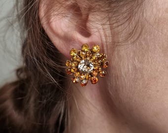 Rare Find Vintage 1930s-1940s MIRIAM HASKELL Signed Clip-On Earrings Gold Amber Rhinestone Floral Design