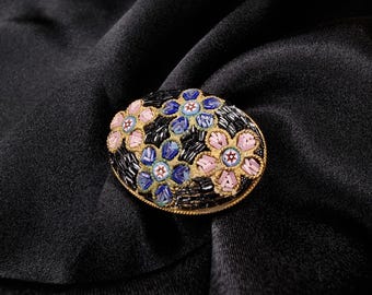 古いヴィンテージマイクロモザイクブローチピンゴールドトーン大きな