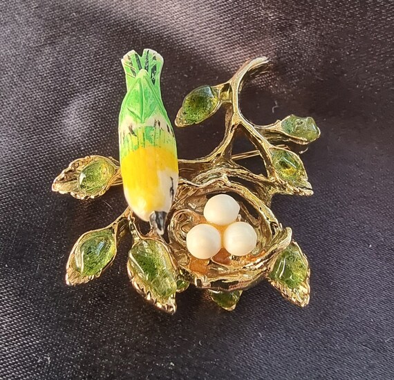 Vintage SWOBODA 1960s Bird and Eggs Nest Pearl Ye… - image 2