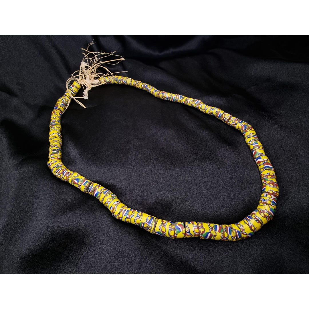 Vintage Long African Trade Bead Necklace Yellow Glass Multicolor