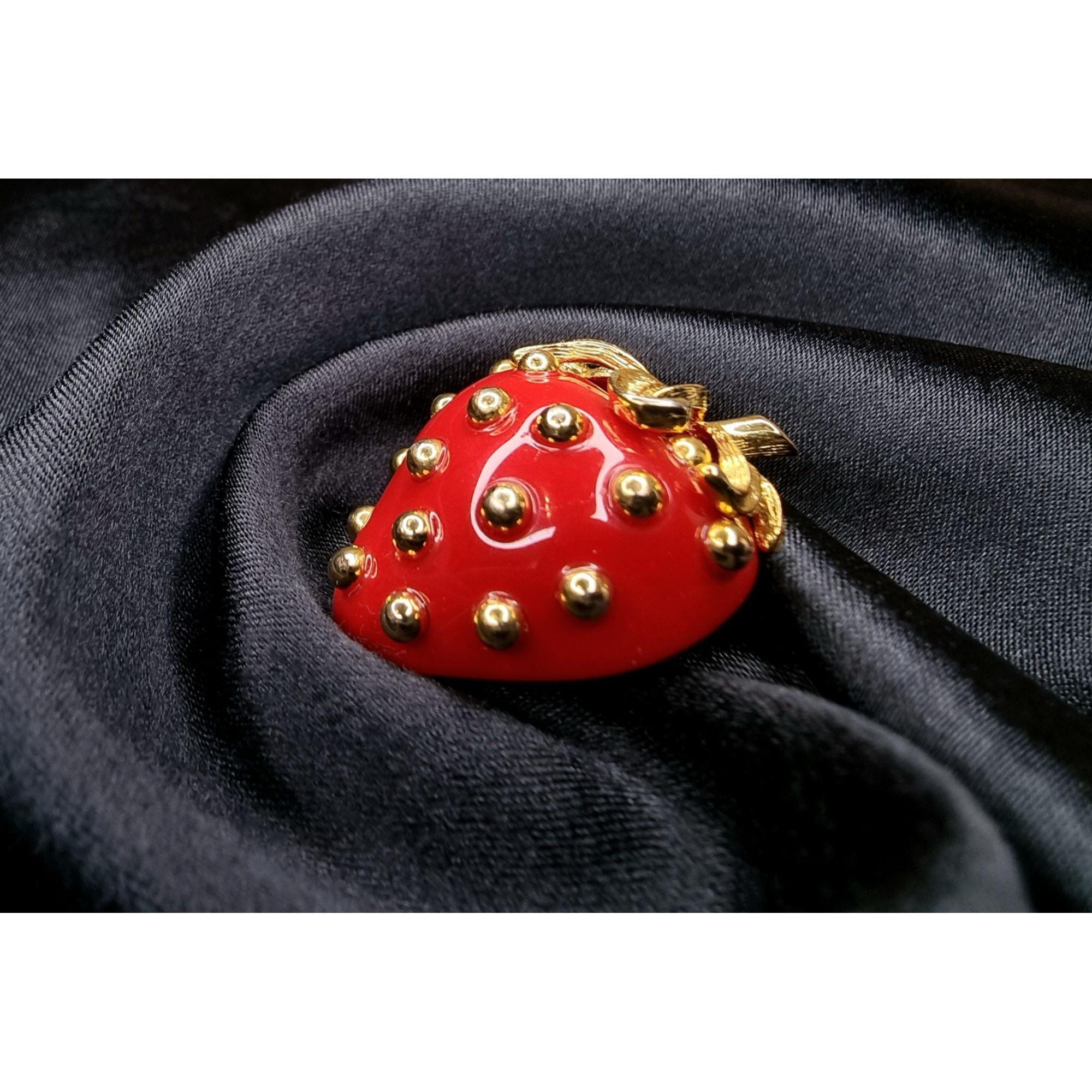 Vintage KJL Kenneth Jay Lane Red Strawberry Gold-tone Brooch