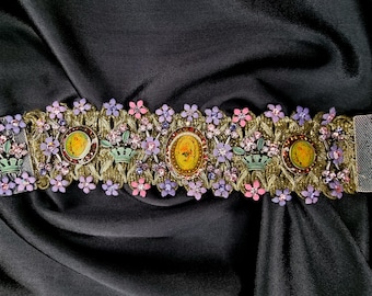 Vintage MICHAEL NEGRIN Flowers Green Victorian Revival Wide Bracelet