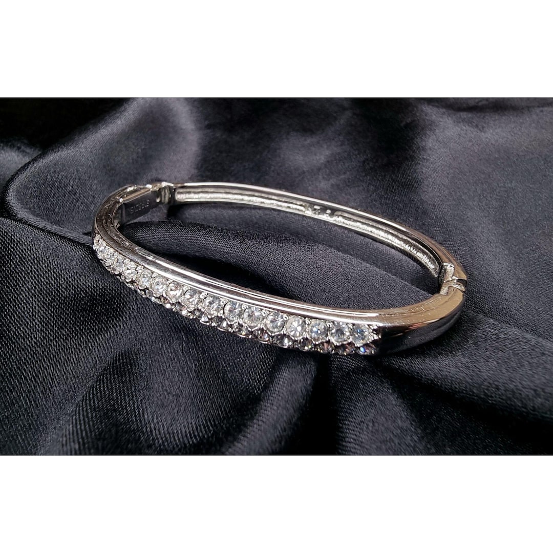 Vintage Swarovski Silver-tone Hinged Bangle Bracelet With Clear