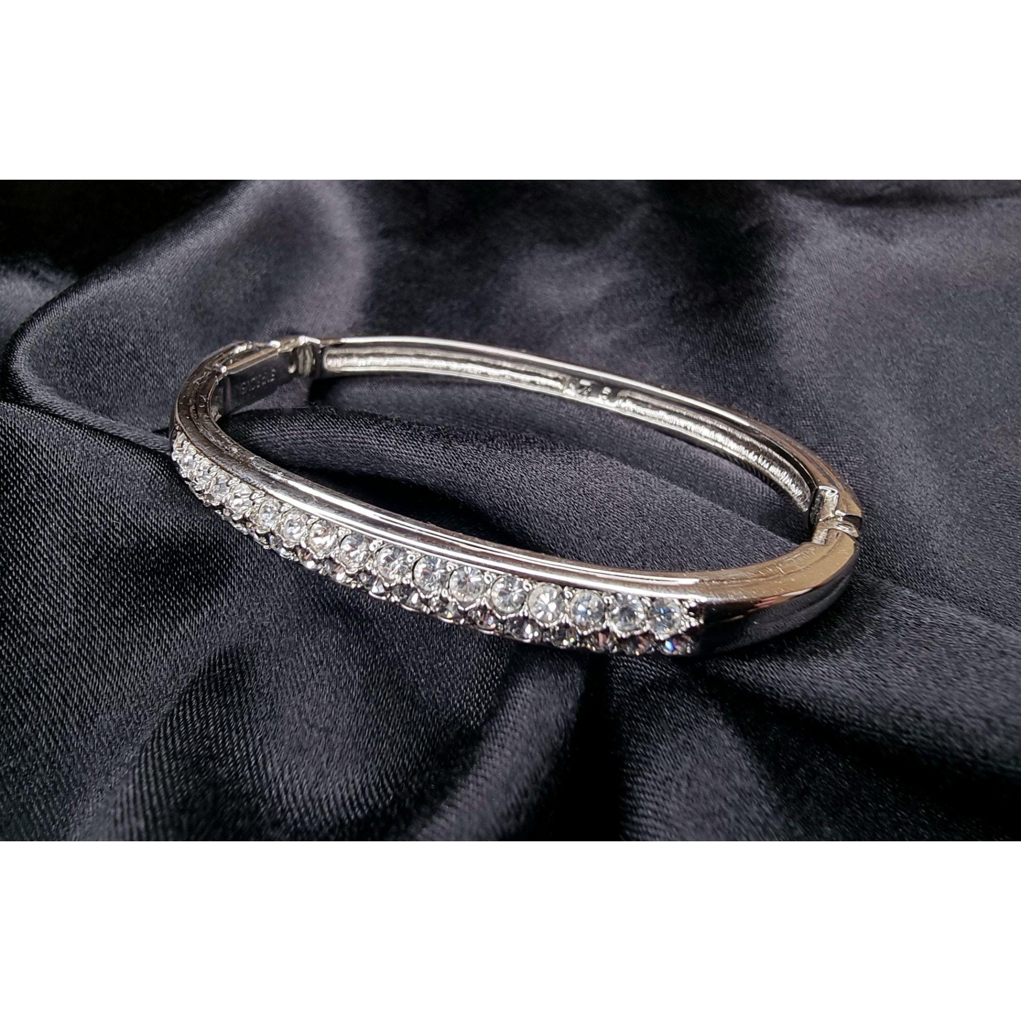 Vintage Swarovski Silver-Tone Hinged Bangle Bracelet With Clear Crystal Accents