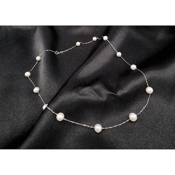 Vintage 1990s 14k White Gold Italy 585 Necklace With Cultured