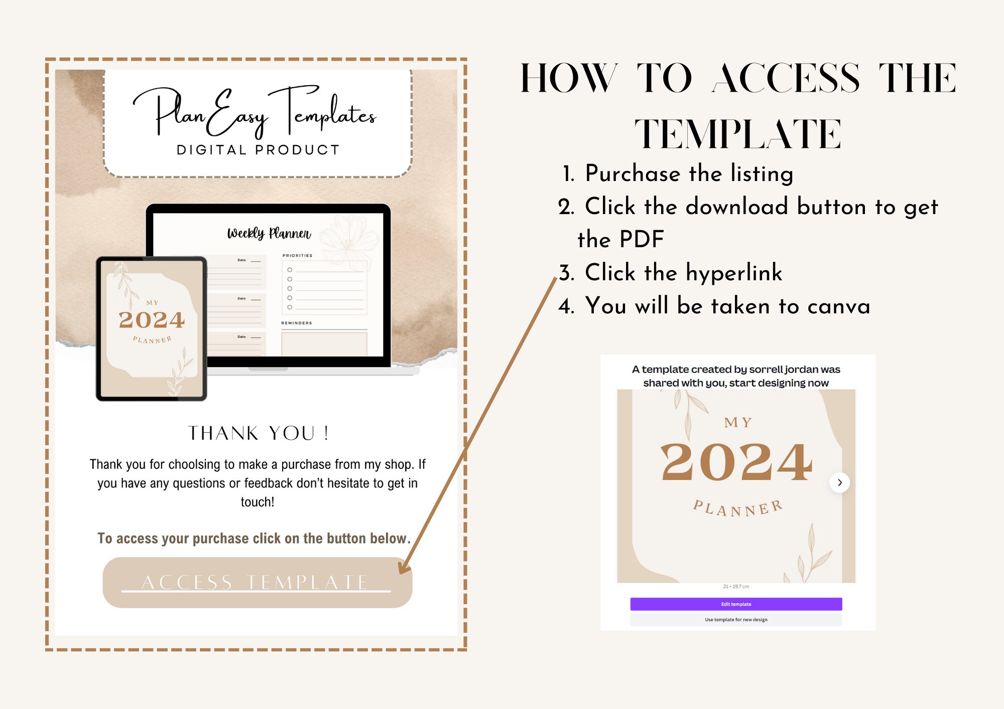 Editable Beige 2024 Planner Template Digital Template Monthly Weekly ...