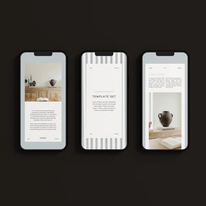May include: Three smartphones with black bezels are displayed against a dark background. Each screen shows a different interface, including text and images of vases and furniture. One screen displays the text "TEMPLATE SET".