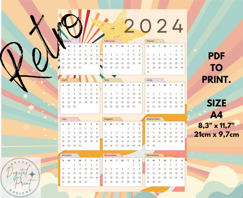 2024 Calendar 2024 Yearly Calendar Printable 2024 Wall Calendar 2024