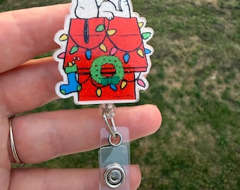 White Dog Christmas Badge Reel-Cute Badge Reel-Nurse-LPN-RN-Gift for her-Nurse Gifts-Christmas Gifts-Nurse gifts-CNA-snoopy-mri safe-lanyard