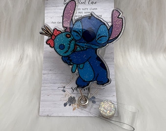 Blue Alien with scrumpy Badge Reel-Cute Badge Reel-Nurse-LPN-RN-Gift for her-Nurse Gifts-Christmas Gifts-Nurse gifts-CNA-Stitch-mri safe