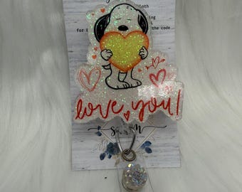 Valentines Dog Badge Reel-Cute Badge Reel-Nurse-LPN-RN-Gifts for her-Nurse Gifts-valentines Gifts-Nurse gifts-CNA-I love you snoopy