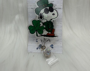 White Dog St patricks day Badge Reel-Cute Badge Reel-Nurse-LPN-RN-Gift for her-Christmas Gifts-Nurse gifts-CNA-snoopy-mri safe-lanyard