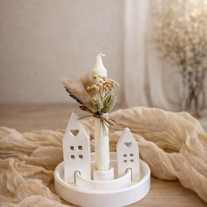 Piatto decorativo con case luminose - piatto portacandele a forma di casa - serie Raysin House - set di candele a forma di casa