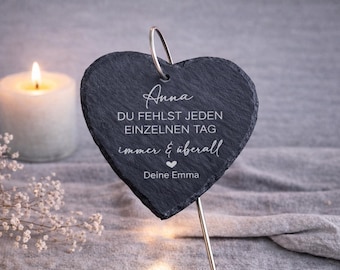 Grabstecker - Schiefer Herz personalisiert mit Gravur - Grabschmuck personalisiert -
