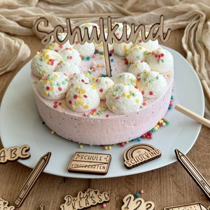 Decorazione per torta in legno, decorazione per torta per iscrizione a scuola, scolaro, prima elementare, evviva, finalmente scolaro
