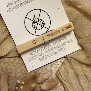 May include: A wooden clothespin with the text "STINKIPUPS - STOPPER" is clipped to a card. The card has text and a graphic of a diaper with a line through it. The background includes dried flowers and a tan fabric.