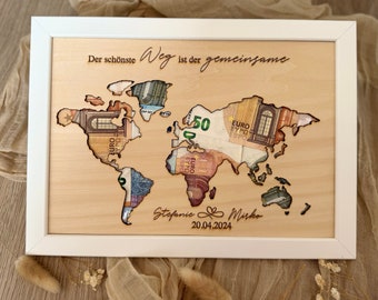 Personalized gift idea: money gift world map for wedding or birthday / world map wedding / money gift travel