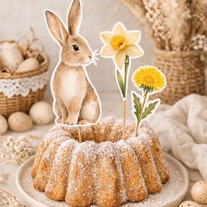 Könnte beinhalten: Ein mit Puderzucker bestäubter Gugelhupf, verziert mit Hasen- und Blumendekorationen. Der Kuchen steht auf einem weißen Teller, mit dekorativen Eiern und einem Korb im Hintergrund. Ein bezauberndes Dessert zum Thema Ostern.