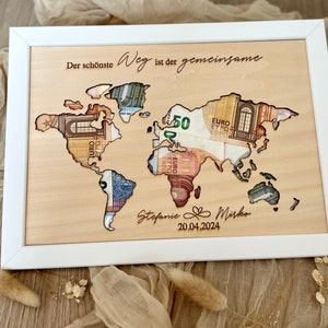Geschenkidee personalisiert: Geldgeschenk Weltkarte zur Hochzeit oder zum Geburtstag / Weltkarte Hochzeit / Geldgeschenk Reise