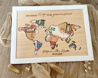 Personalized gift idea: Money gift world map for wedding or birthday / world map wedding / money gift travel