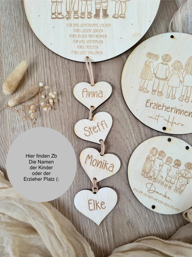 May include: Wooden heart-shaped tags with the names Anna, Steffi, Monika, and Elke. The tags are hanging from a string. The text "Hier finden Zb Die Namen der Kinder oder der Erzieher Platz :" is visible on a wooden surface.