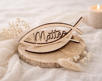 Pesce Cresima Personalizzato - Pesce in Legno - Pesce con Nome per Battesimo, Comunione, Cresima, Tovaglietta Cresima, Carta da Tavolo in Legno