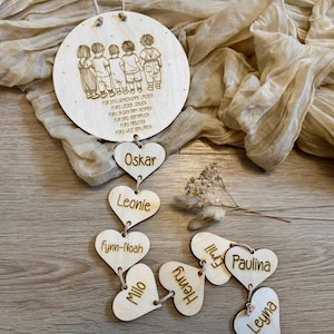 May include: A wooden circle with a quote about family and a string of wooden hearts with names on them, including Oskar, Leonie, Fynn-Noah, Milo, Henry, Emil, Paulina, and Leyna.