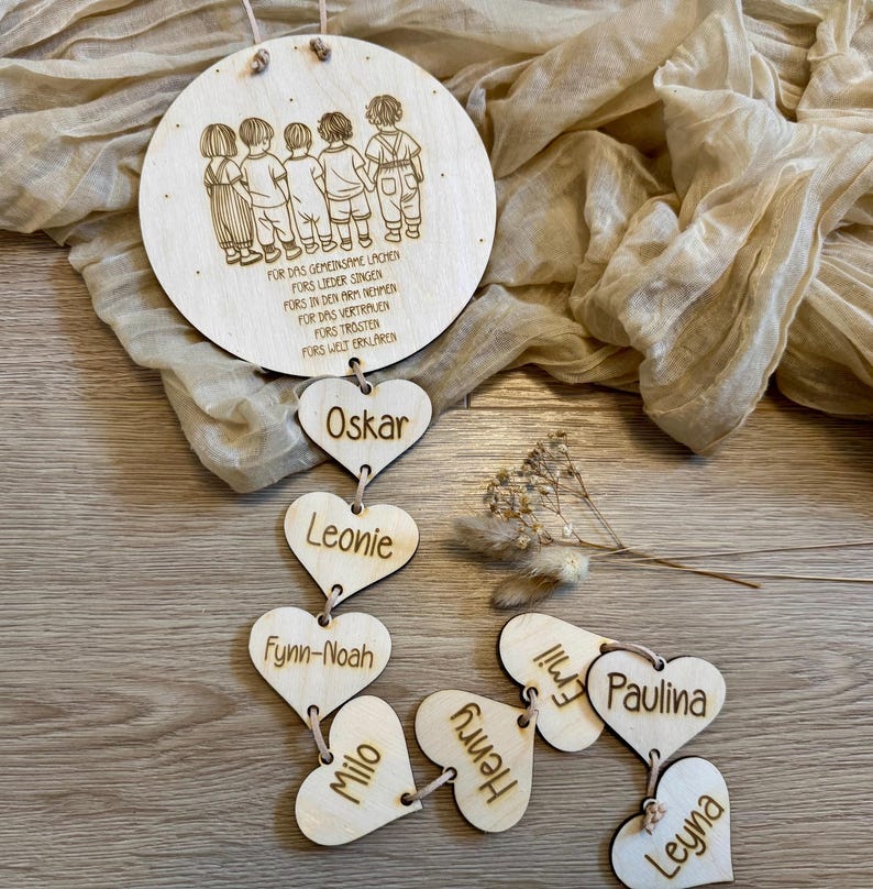 May include: A wooden circle with a quote about family and a string of wooden hearts with names on them, including Oskar, Leonie, Fynn-Noah, Milo, Henry, Emil, Paulina, and Leyna.