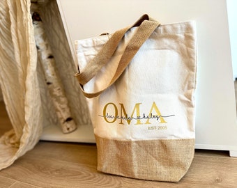 Personalisierte Einkaufstasche mit Name, Shopper Tasche Jute  Namen groß, Stofftasche bedruckt Buchstabe, Jutetasche Baumwolle Oma