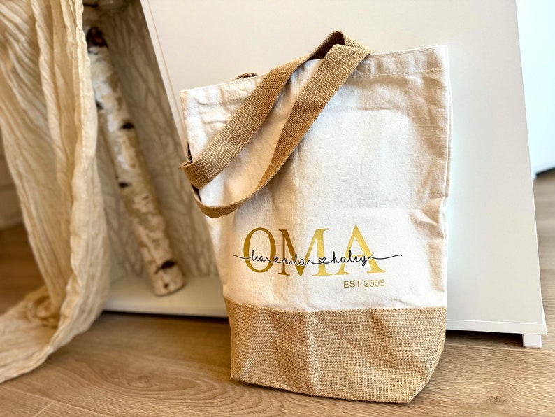 Personalized shopping bag with name, shopper bag jute name large, fabric bag printed letter, jute bag cotton grandma image 1