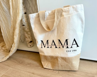Personalisierte Einkaufstasche mit Name, Shopper Tasche Jute  Namen groß, Stofftasche bedruckt Buchstabe, Jutetasche Baumwolle Oma Mama