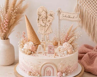 Wooden cake topper for starting school, schoolchild, first grade, hooray, finally a schoolchild - personalized cake topper for a schoolchild