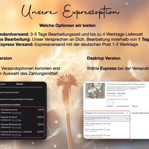 May include: Image showing mobile and desktop views of an e-commerce site. The mobile view displays shipping options, while the desktop view highlights express shipping. Text in German describes shipping options and processing times.
