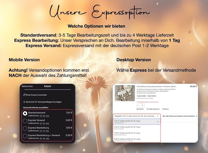 May include: Image showing mobile and desktop views of an e-commerce site. The mobile view displays shipping options, while the desktop view highlights express shipping. Text in German describes shipping options and processing times.