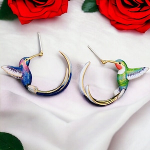 Handmade Hummingbird Earrings, Unique Humming Bird Jewelry, Cute Fairy Hoops, Nature Earr ings Blue And Green Studs, Gift For Her