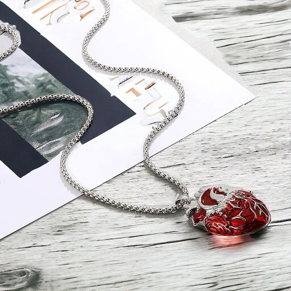 Anatomical Red Love Heart Box Necklace, Handmade Gothic Jewelry, Unique Pendant, Bloody Vampire Statement Neck lace, Goth Statement Gift